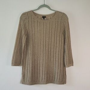 TALBOTS Linen Blend Loose Knit Weave Sweater Petite Small Gold Metallic Taupe